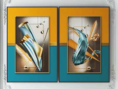 Abstract Framed Wall Artworks With Gold Blue Borders And Curved Geometric Shapes 3d model