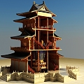 Buddha Pavilion Ancient Tower Tang-style Ancient Building Wooden Green Grey Tile Three-layer 3d model