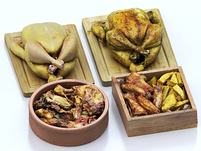 Whole Roasted Chicken And Diced Chicken Dishes With Potato In Wooden Tray And Ceramic Bowl 3d model