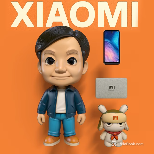 Adorable Xiaomi Character Doll With Smartphone Power Bank And Mascot Puppy On Orange Background 3d model 