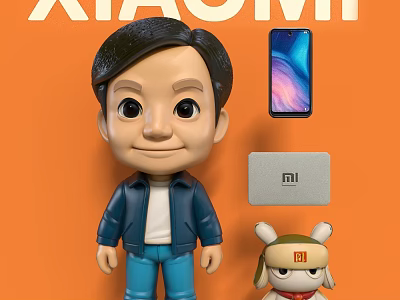 Adorable Xiaomi Character Doll With Smartphone Power Bank And Mascot Puppy On Orange Background 3d model