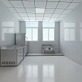 Commercial Kitchen With Stainless Steel Shelves Long Corridor White Walls Windows And Ceiling Lights