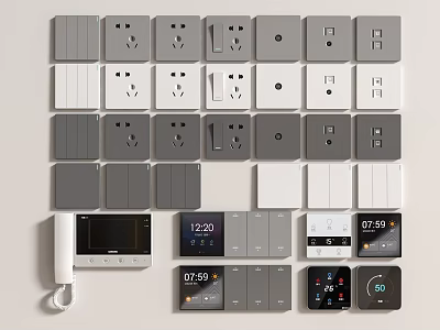 Gray and White Switch Panels with Digital Time Display and Multifunctional Buttons Neatly Arranged 3d model