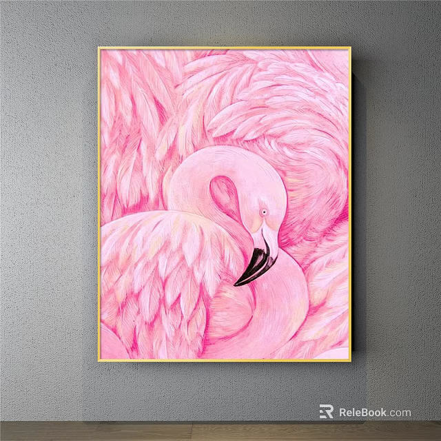 Pink Flamingo Animal Painting With Detailed Feathers Gold Frame Gray Wall Background 3d model 