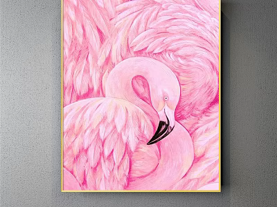 Pink Flamingo Animal Painting With Detailed Feathers Gold Frame Gray Wall Background 3d model