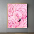 Pink Flamingo Animal Painting With Detailed Feathers Gold Frame Gray Wall Background
