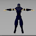 3D Rendered Blue Ninja Character With Masked Face And Outstretched Arms On Gray Background