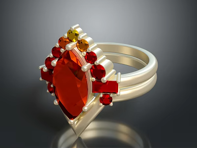 Elegant Statement Silver Ring With Large Red Gemstone Small Red Gemstones Yellow Gemstone And Pearls 3d model