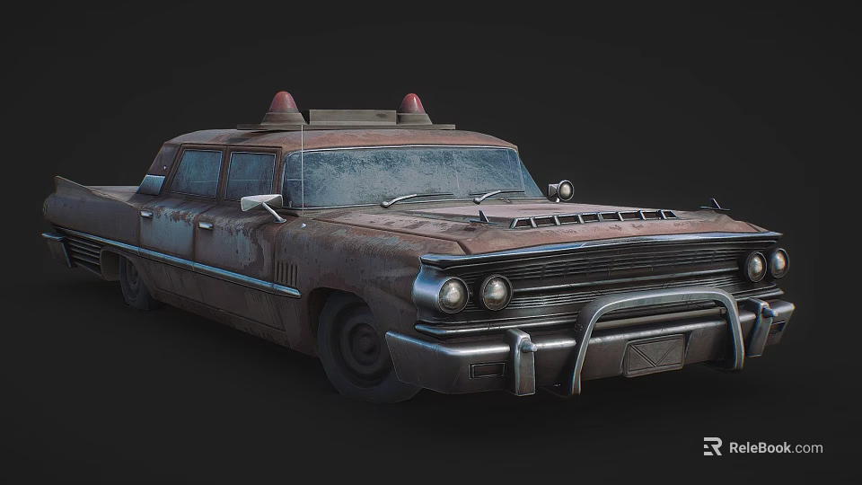 Rusty Vintage Utility Vehicle With Red Top Lights And Classic Metal Body Design 3d model 