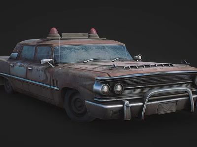 Rusty Vintage Utility Vehicle With Red Top Lights And Classic Metal Body Design 3d model