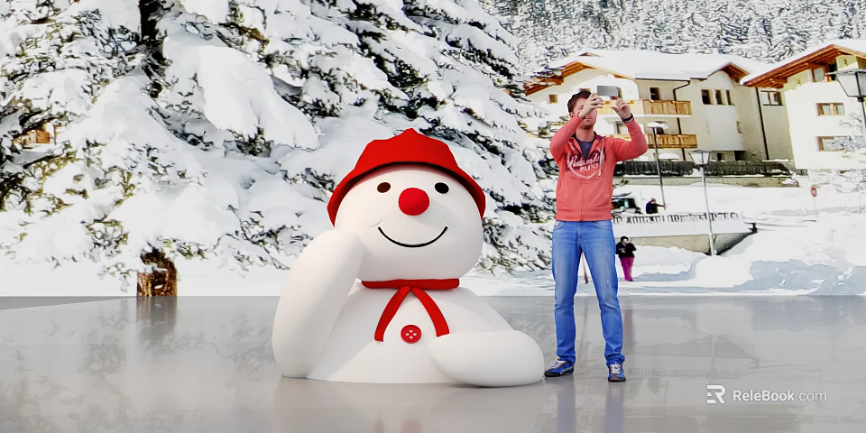 Winter Photo Check In Spot With Large Snowman Red Hat Snowy Trees And Buildings 3d model 