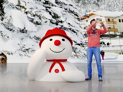 Winter Photo Check In Spot With Large Snowman Red Hat Snowy Trees And Buildings 3d model