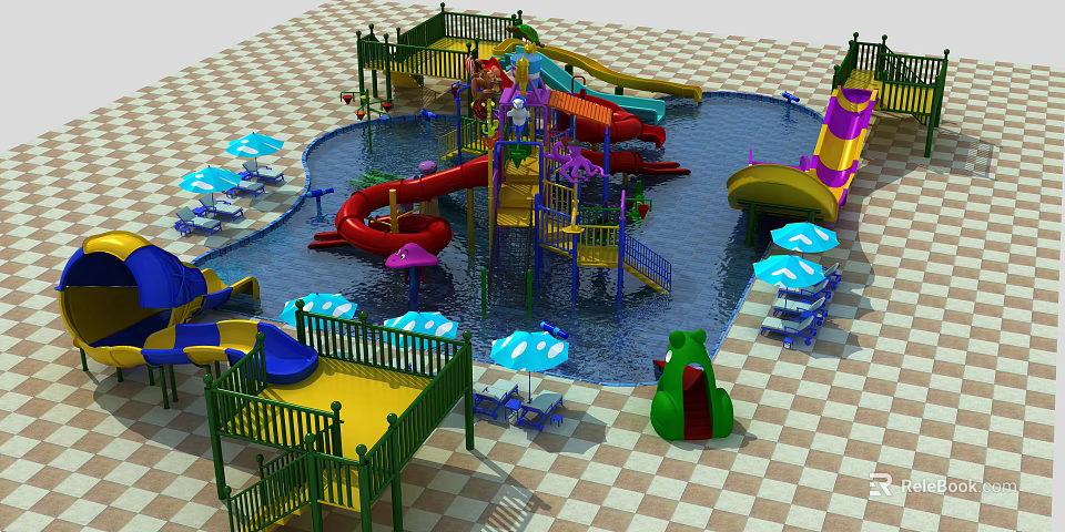 Colorful Water Park Play Equipment With Slides Pool Umbrellas And Frog Structure 3d model 