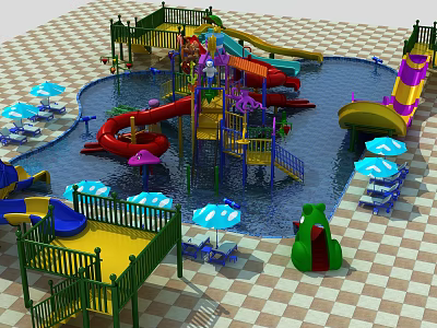 Colorful Water Park Play Equipment With Slides Pool Umbrellas And Frog Structure 3d model