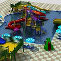 Colorful Water Park Play Equipment With Slides Pool Umbrellas And Frog Structure