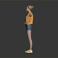 Child In Orange Sweatshirt With White Design And Blue Denim Shorts Standing With Arms Outstretched