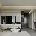 Modern Living and Dining Area with Sofa Coffee Table Chairs Large Windows and Curtains