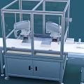 Industrial Equipment For Automated Production Line With Robot And Robotic Arms In Transparent Enclosure