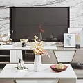Modern TV Background Wall With Marble Texture Flat Screen TV And White Stand Decorative Items 3d model