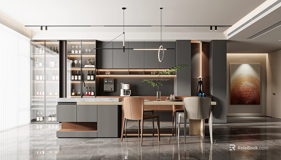 Modern Restaurant Interior With Open Concept Dark Cabinets Island Counter And Pendant Lights 3d model 