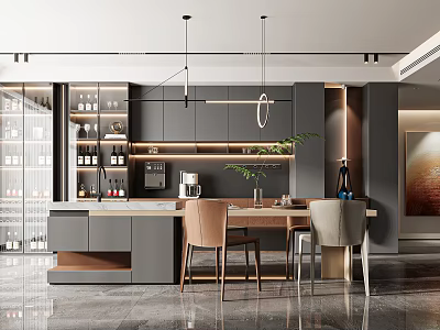 Modern Restaurant Interior With Open Concept Dark Cabinets Island Counter And Pendant Lights 3d model