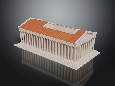 Cartoon Style Ancient Greek Temple Model with White Columns Red Roof and Central Opening 3d model