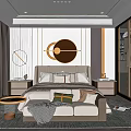 Elegant Modern Bedroom Interior With Circular Decor Large Window Curtains And Beige Sofa 3d model