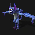 Purple Blue Fantasy Creature With Bat Ears Large Eyes Sharp Fangs Outstretched Arms