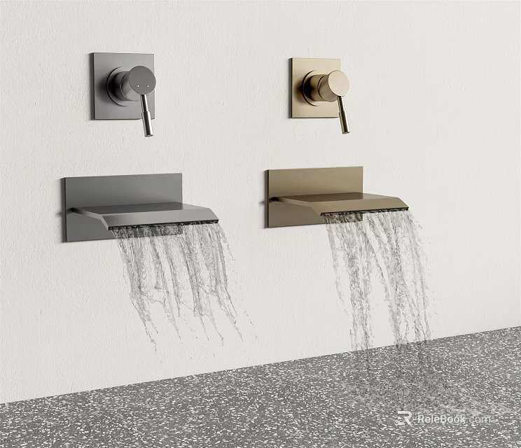 Modern Wall Mounted Faucets With Silver And Gold Finishes Water Flowing 3d model 