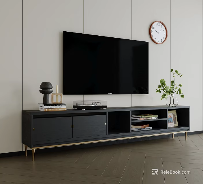 Modern Living Room Black TV Stand with TV Decorations Green Plant and Wall Clock 3d model 
