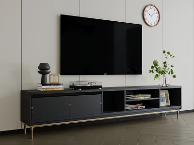Modern Living Room Black TV Stand with TV Decorations Green Plant and Wall Clock 3d model