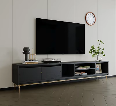Modern Living Room Black TV Stand with TV Decorations Green Plant and Wall Clock 3d model