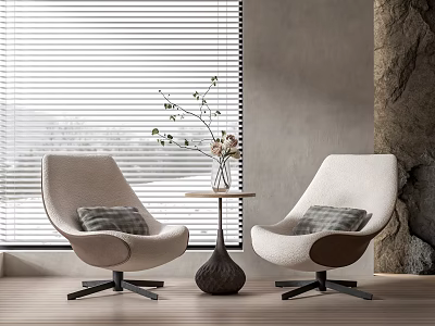 Casual Leisure Seating Set with Two Chairs Round Table Gray Cushions Vase Plants Wooden Floor Stone Wall Window Blinds 3d model