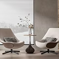 Casual Leisure Seating Set with Two Chairs Round Table Gray Cushions Vase Plants Wooden Floor Stone Wall Window Blinds