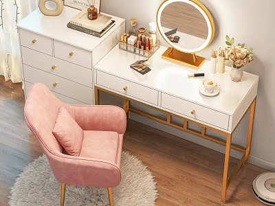 Elegant White Dressing Table With Gold Legs Round Mirror Pink Chair And Cosmetics 3d model