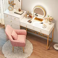 Elegant White Dressing Table With Gold Legs Round Mirror Pink Chair And Cosmetics