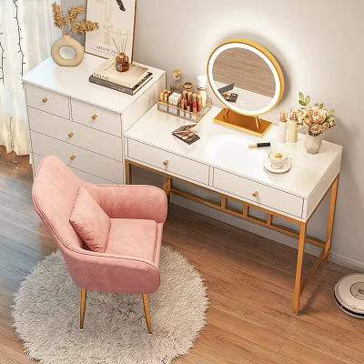 Elegant White Dressing Table With Gold Legs Round Mirror Pink Chair And Cosmetics 3d model