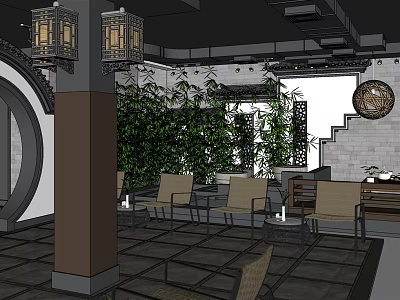 Traditional Chinese Clubhouse Interior With Lanterns Green Plants Circular Arch And Stone Wall Design 3d model