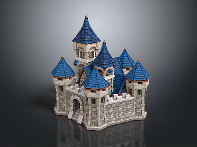 Fairy Tale Castle Model With Blue Spire Roofs And Stone Tower Walls 3d model