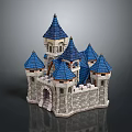 Fairy Tale Castle Model With Blue Spire Roofs And Stone Tower Walls