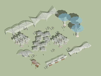 3D Model of Outdoor Public Space With Net Structures Blue Trees Crowds And Benches 3d model