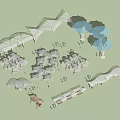 3D Model of Outdoor Public Space With Net Structures Blue Trees Crowds And Benches