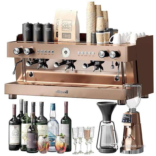 Smart Coffee Machine Setup With Wine Bottles Glass Cups And Coffee Grinder 3d model