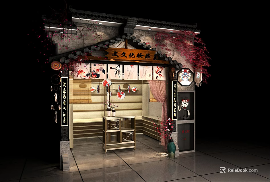 Traditional Cultural Gift Store In Shopping Mall With Red Decorations And Display Shelves 3d model 