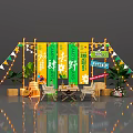 Summer Camping Theme Tea Break Area with Table Chairs Green Plants Bunting Flags String Lights 3d model