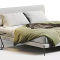 Modern Double Bed With White Pillows Green Brown Blankets Light Headboard And Small Side Table 3d model