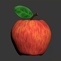 Fresh Red and Yellow Striped Apple with Green Leaf and Brown Stem on Dark Background