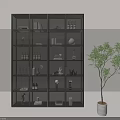 Modern Black Wine Cabinet With Multitiered Shelves Holding Bottles Decorations And Potted Plant
