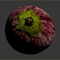Fresh Purple Striped Eggplant with Green Stem on Dark Reflective Surface