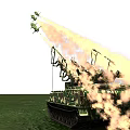 Camouflage Military Tank Firing Artillery With Smoke Trails In Grass Field Sunset Sky